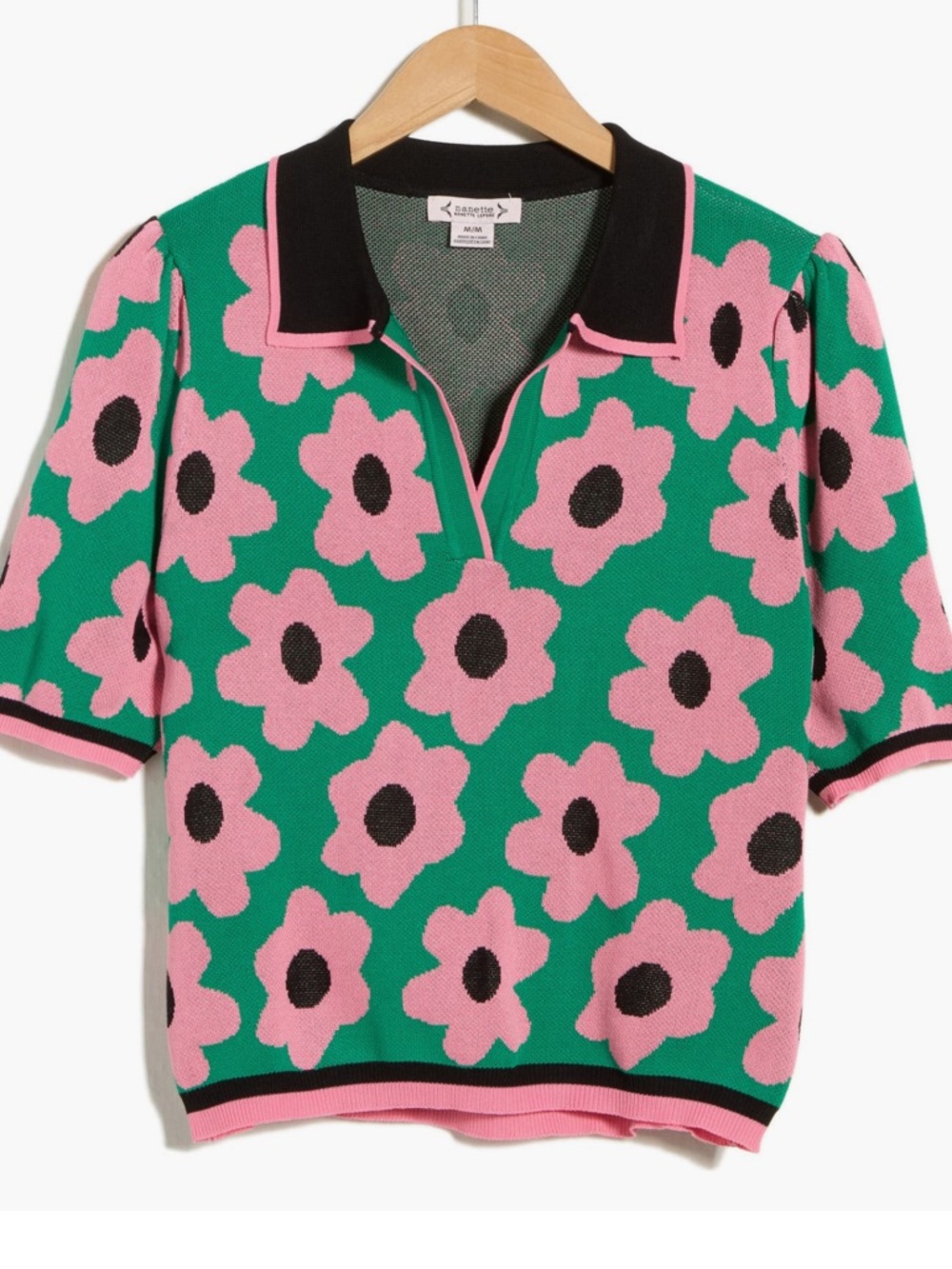 Nanette Lepore Green & Pink Floral Knit Polo Top